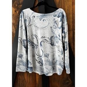 CHICO’S Long Sleeve Top Blue Gray Floral Paisley Women’s XL Bateau Neck Pullover